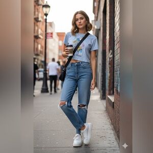 "Be Kind" Floral Graphic Crop Top T-Shirt Large Light Blue Bleach Splatter